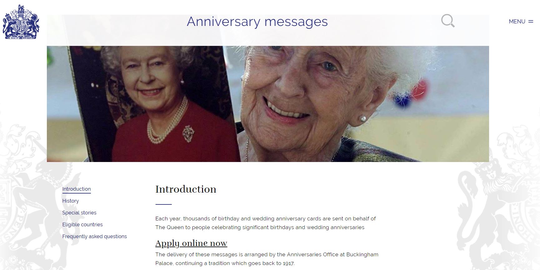 Webpage for applying for queens anniversary message
