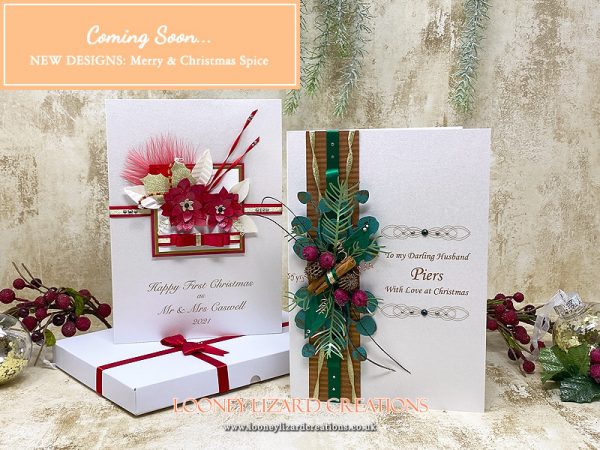 Two christmas cards, merry and christmas spice with poinsettias and festive foliage