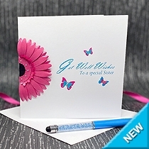 Card featuring a bright pink gerbera daisy
