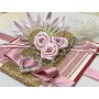 Sweetheart - Featuring a bead wrapped heart encasing a trio of pink ribbon roses. With paper palm leaves, wire twirl, feather detail and mini pampas grass.