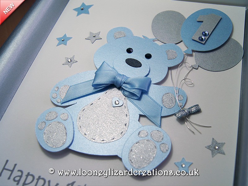Valentines balloons Birthday Bear - Luxury Handmade 1st Birthday Card