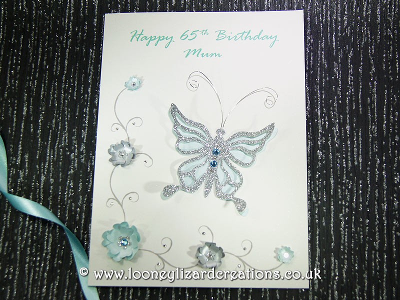 HANDMADE LUXURY VINTAGE 90TH BIRTHDAY CARD WITH FLOWERS IN LILAC & BUTTERFLIES 